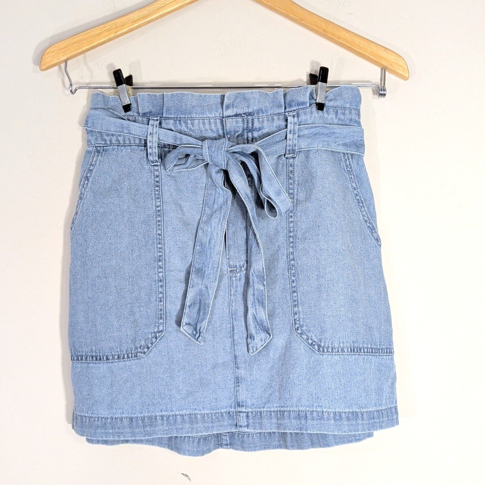 American Eagle Blue Denim Skirt; Paperbag Waist, Tie Belt, Pockets